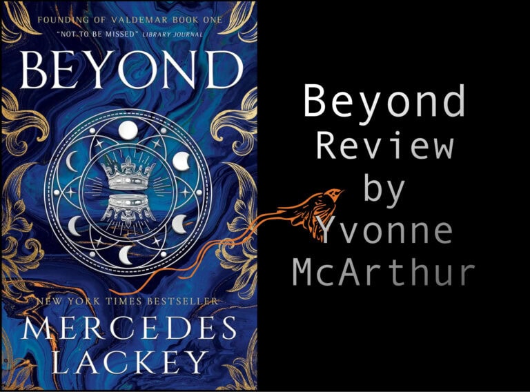 A copper-colored stylized bird flies over a blue book and title that reads: Review of "Beyond" by Merecedes Lackey