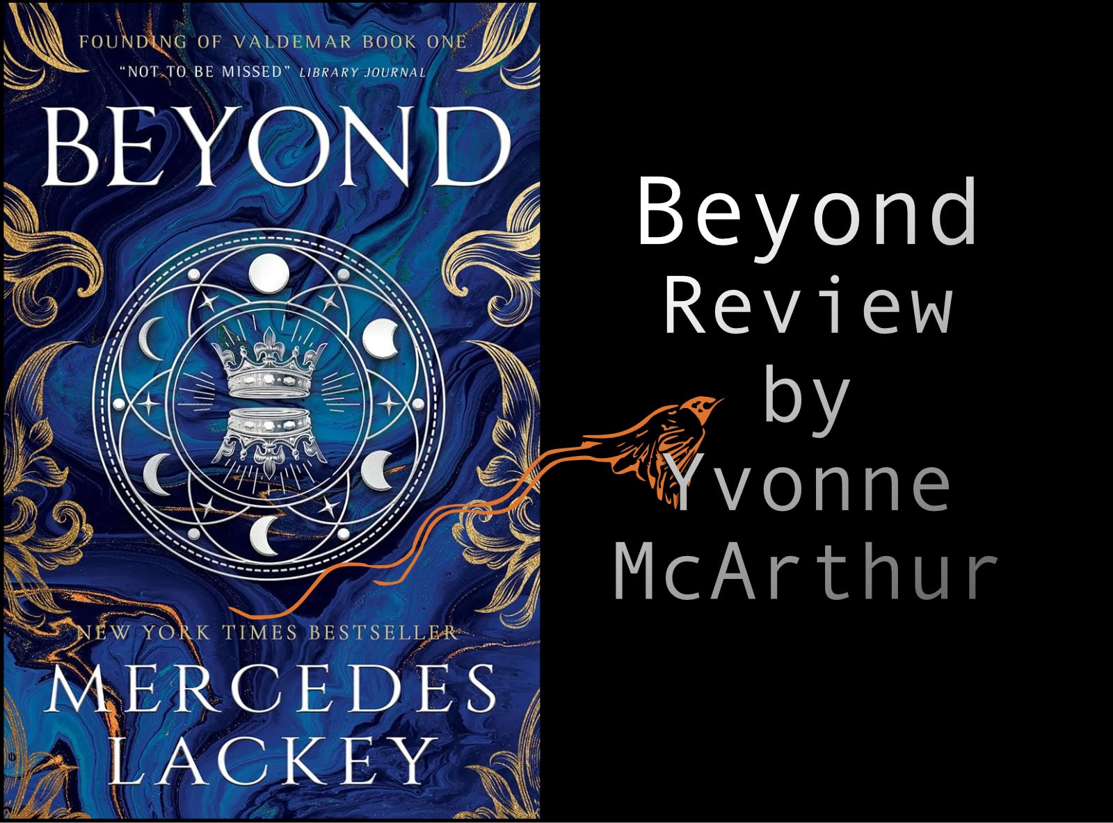 A copper-colored stylized bird flies over a blue book and title that reads: Review of "Beyond" by Merecedes Lackey