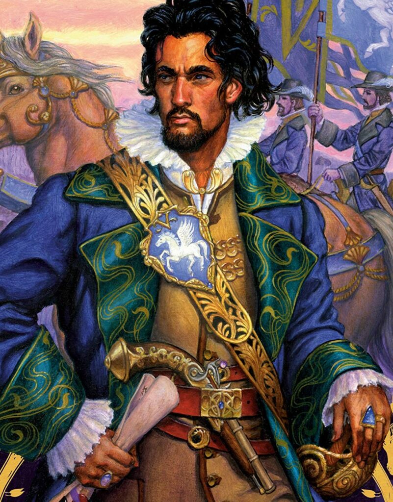 A tanned man with wild dark hair and blue and green clothes like those of a duke looks to his right, with one hand on his sword pommel and the other carrying a rolled-up scroll. In the background is a powerful golden horse. He is Duke Kordas Valdemar, from Beyond, Mercedes Lackey's novel.