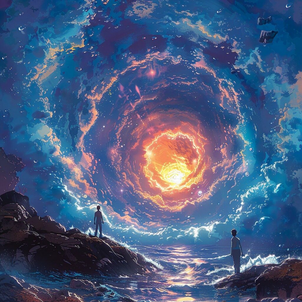 Two figures stand on jutting slopes of land that angle into a twilight sea. They face away, looking at the sky which has changed into a massive tunnel made of blue and purple clouds disappearing into an orange center.