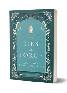 A paperback book with a teal cover, vines and a lantern motif and the title: These Ties We Forge.