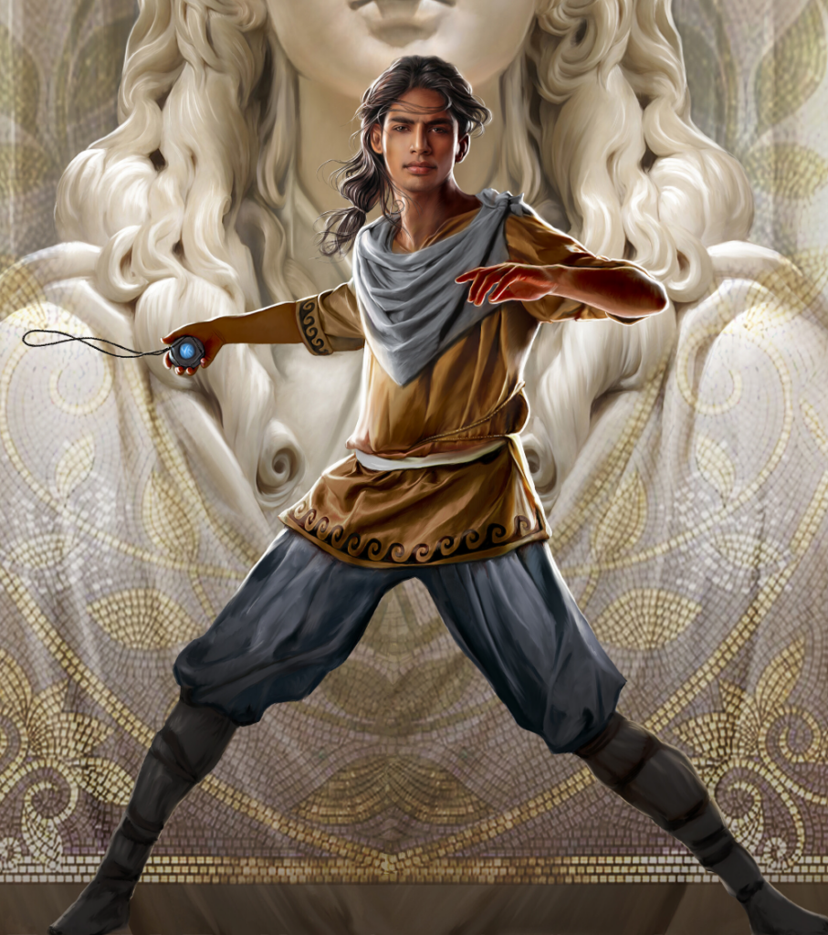 A slender black-haired youth stands in a frozen stance, as though caught running, legs splayed and hands up. In one fist, he holds a stone with a gleaming blue center. In the background, larger than life, is the massive statue of a woman carved from white stone. The Thief Book Review.