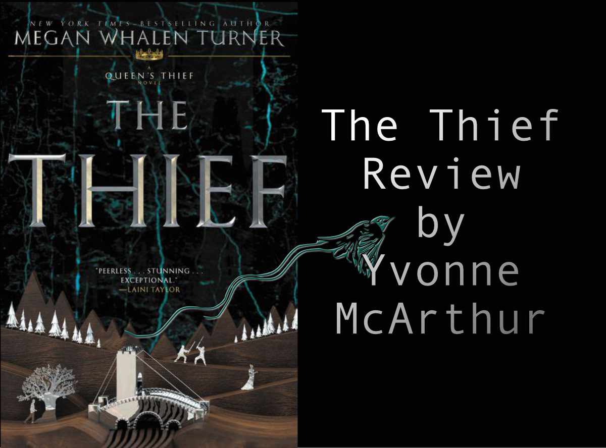 The image is of a book cover with a brown, rolling landscape on which white figures fight. Behind them is a black sky shot through with turquoise lightning. The title reads: The Thief by Megan Whalen Turner