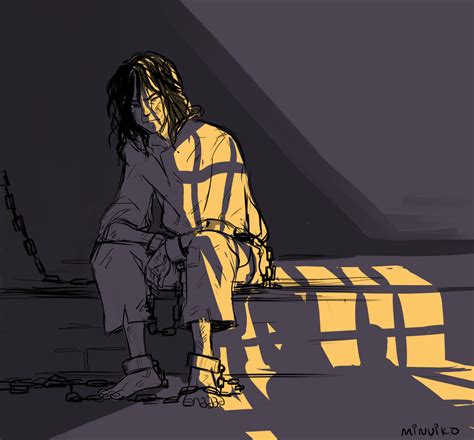 The image shops a drawing of a long-haired youth slumped in darkness, with namacles on his wrists and ankles. Light shines through a barred window, lighting up half his body and his face.