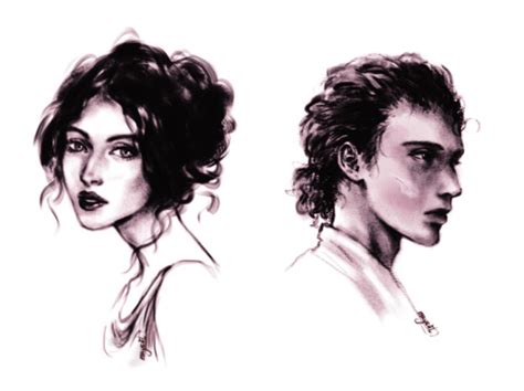 The image is a drawing of Irene and Eugenides faces from The King of Attolia. They are facing away from each other. Irene is beautiful with pale skin and dark hair, while Gen has brown skin and short unruly locks.