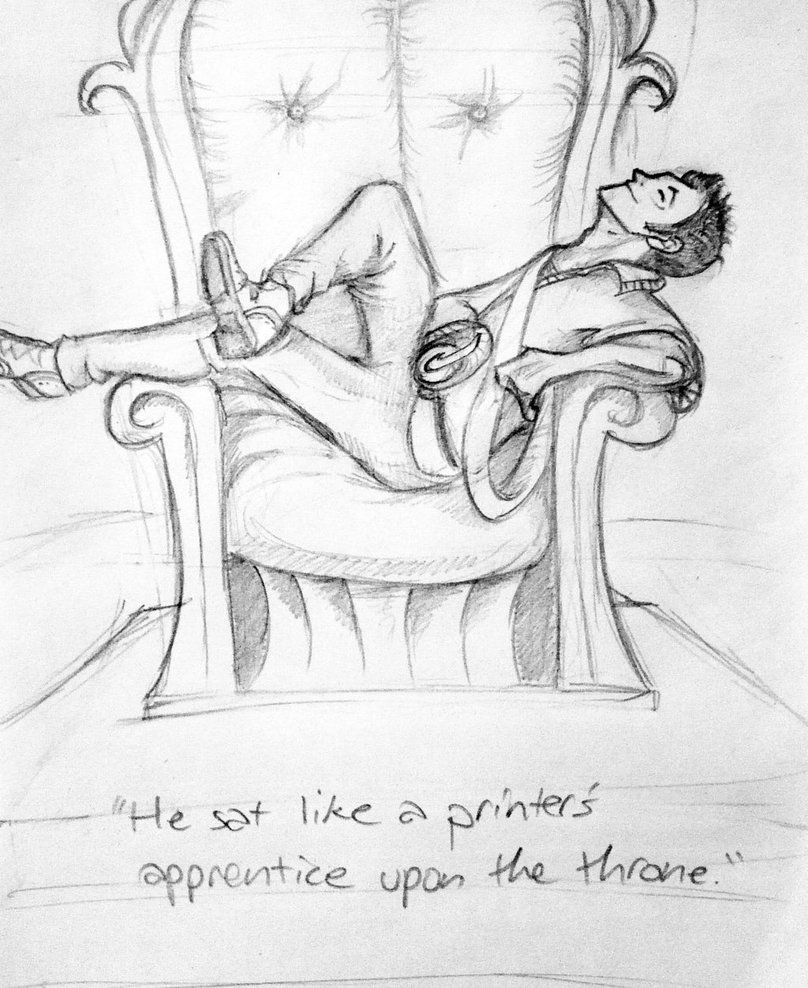 A man lies across a throne, legs on the armrests and head thrown back.