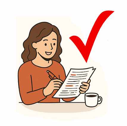 A woman holding a pencil peruses a document marked in red with a smile on her face. Beside her is a large red check mark.