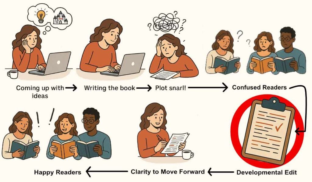 A timeline of a writer going through the stages of writing a book: Coming up with ideas, writing, encountering a plot snarl that confuses readers, getting a developmental edit, finding clarity to move forward on edits, and making readers happy.