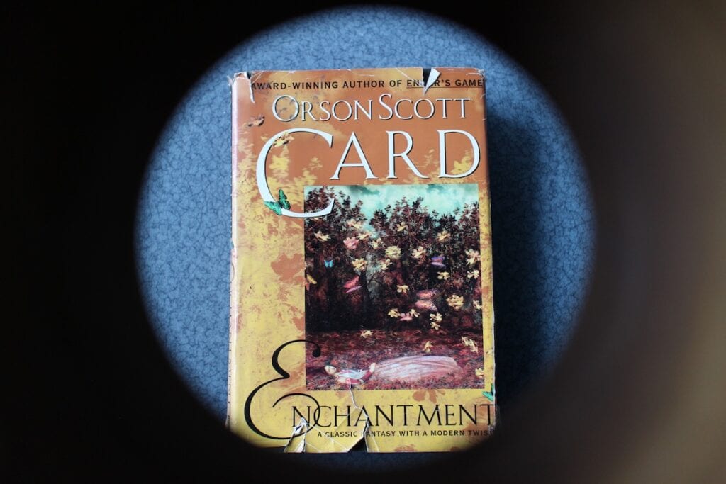 The yellow cover of "Enchantment" appears through a circular lens. It shows a woman sleeping in a massive drift of leaves, surrounded by falling leaves and butterflies. This is a great example of a portal fantasy.