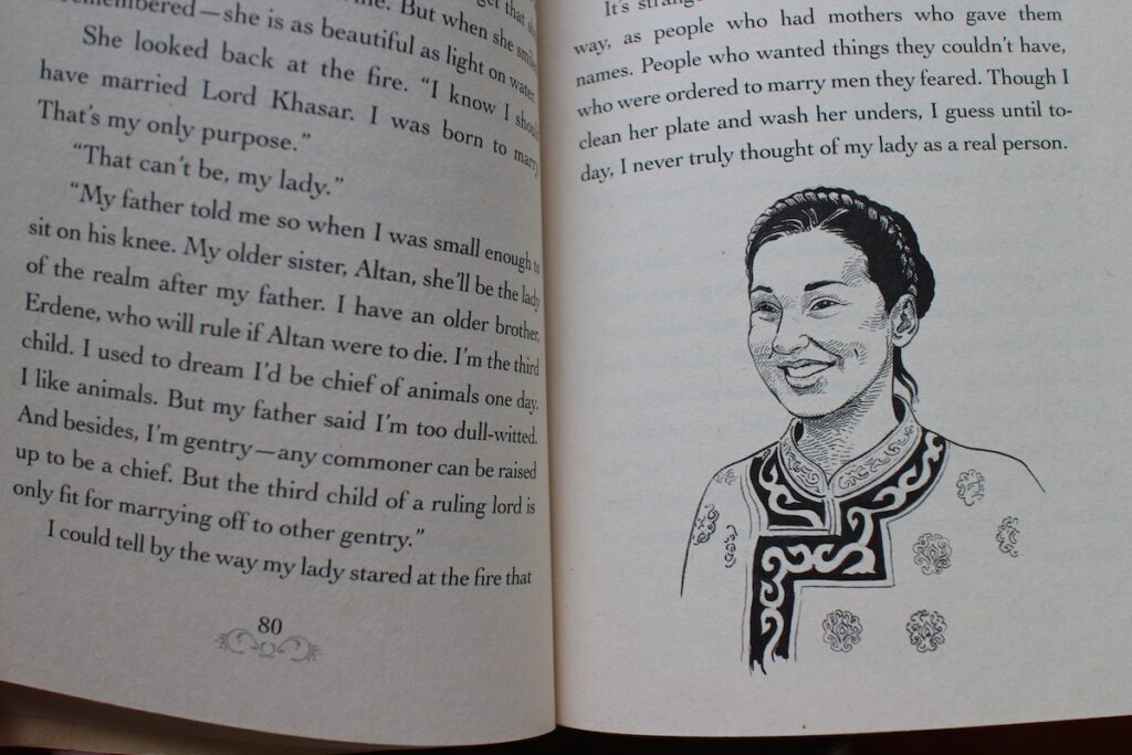 Illustration of a girl who looks to be of Mongolian descent from Book of a Thousand Days by Shannon Hale. This book includes the mistaken identity romance trope.