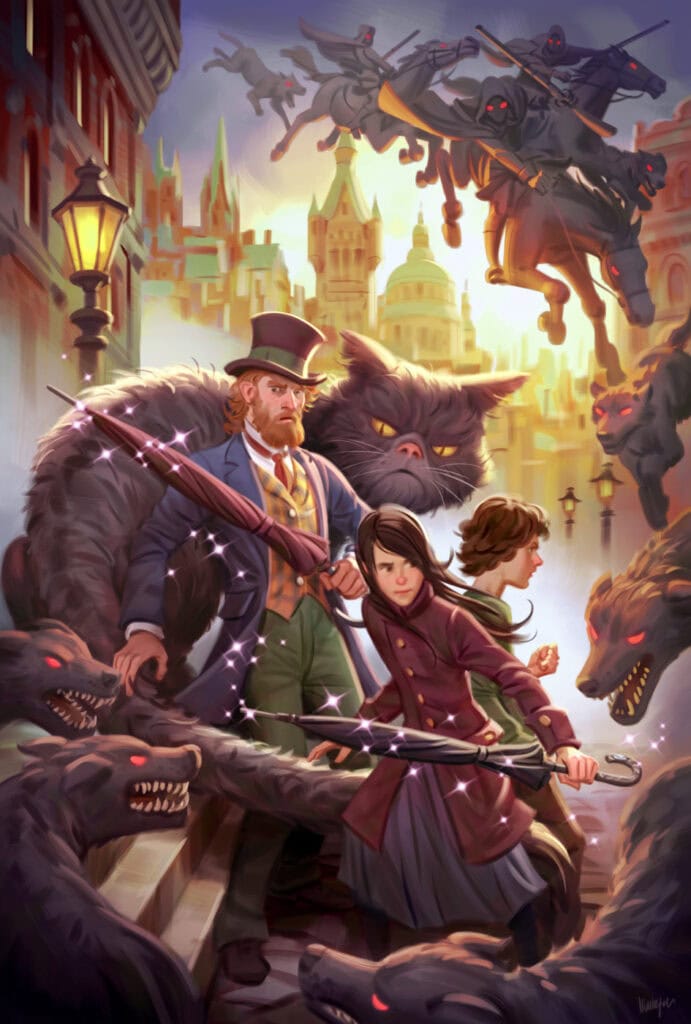 A red-headed man with a top hat, a girl with an umbrella, a boy, and a huge cat are grouped together facing red-eyed wolves.