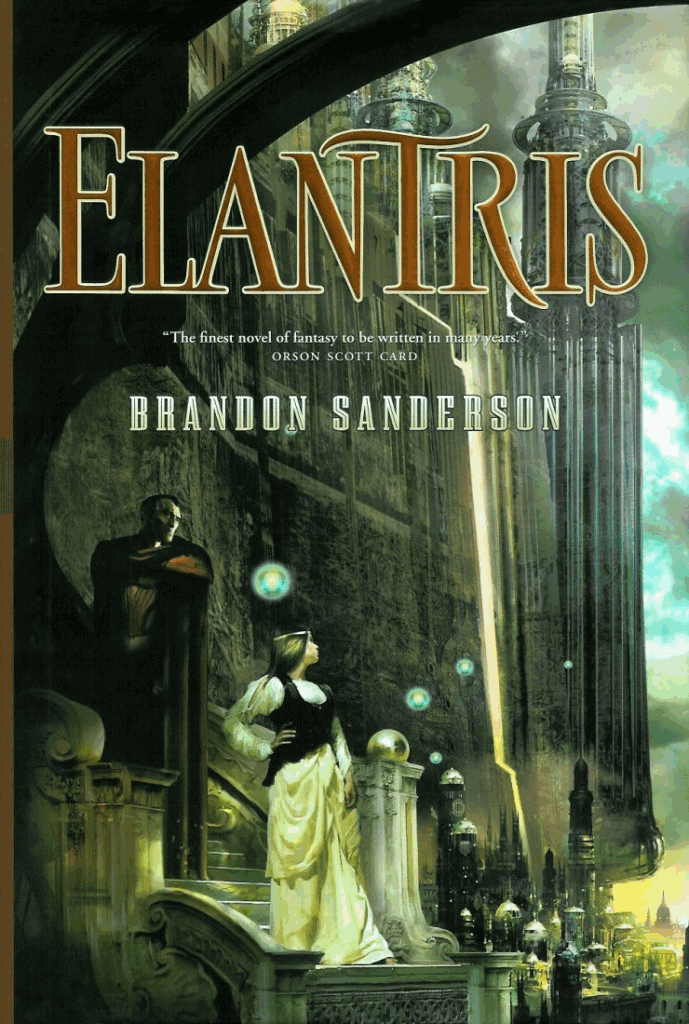 A man and woman stand outside a huge walled city. This is the cover of Elantris by Brandon Sanderson. It is an example of a fantasy book that uses the lost magic trope.