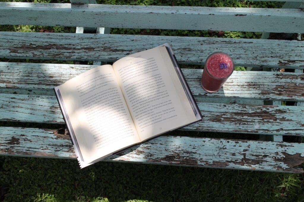 Dappled light falls on a book and a blueberry smoothie.
