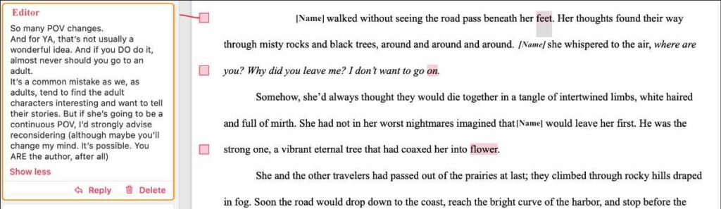 In this example of a developmental edit, the editor's comment talks about genre considerations and how young adult books shouldn\'t have adult point of view characters, as a rule.