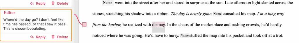 A screenshot of a manuscript, showing the editors comment on the left panel. It's an example of an inline comment in a developmental edit.