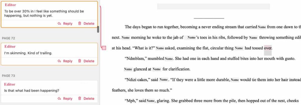 In this example of a developmental edit, the editor identifies slow pacing problems, hinting at deeper structural issues in the manuscript.