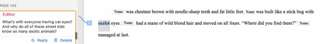 In this developmental edit comment, the editor notes the overuse of cat metaphors to describe human characters.